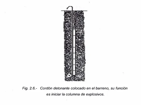Fig. 2.6.- Cordón detonante colocado en el barreno,  su función  es iniciar la columna de explosivos