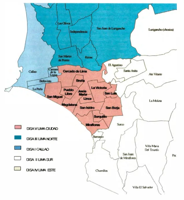 Figura  1:  Mapa político de la Dirección de Salud V Lima Ciudad 