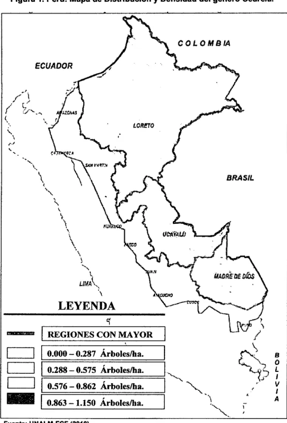 Figura 1. Perú: Mapa de Distribución y Densidad del género Cedrela.  &#34; r-'  ..  \  &#34;  1  1  1  1   -ECUADOR  LEYENDA 'í 