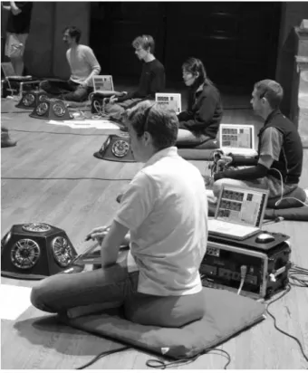 Figure 3. PLOrk during rehearsal with tabla virtuoso Zakir Hussain.