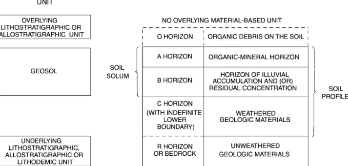 Figure 6. Relation between pedostratigraphic units and pedologic profiles. The base of a geosol is the lowest clearly defined physical boundary of a pedologic horizon in a buried soil profile
