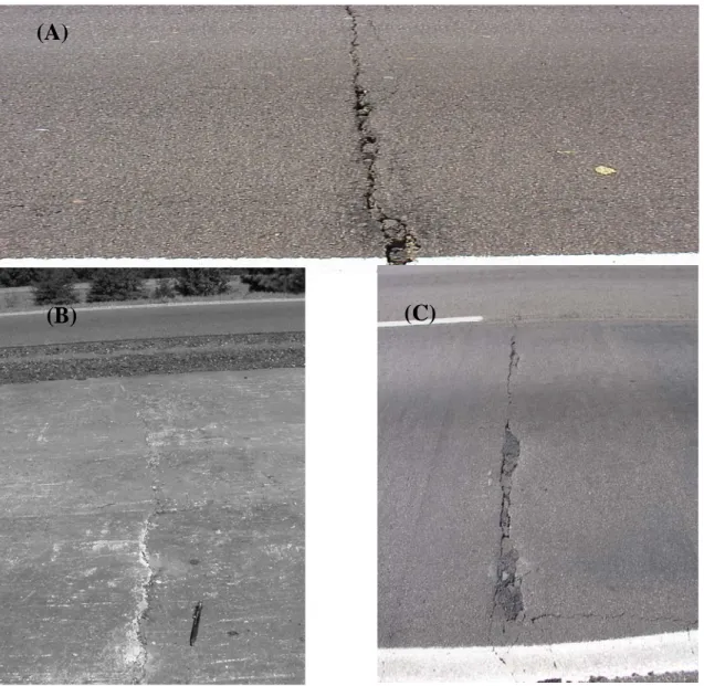 Figure 4. Pavement conditions along IH-20 (A) before milling, (B) after milling and   before overlay, and (C) with reflected cracks 1 year after overlay