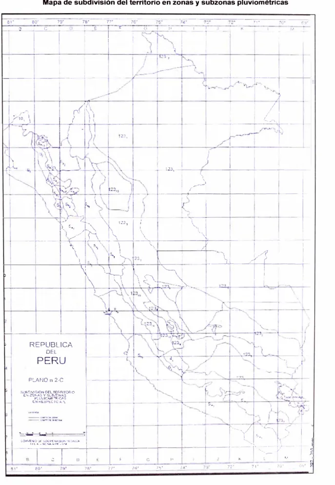 Mapa de subdivisión del territorio en zonas y subzonas pluviométricas 