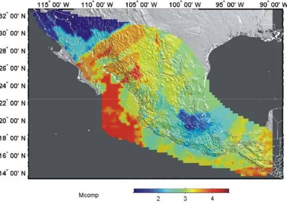 Fig. 9.- Mapa de la zona de estudio mostrando la variación de la magnitud mínima de completitud.