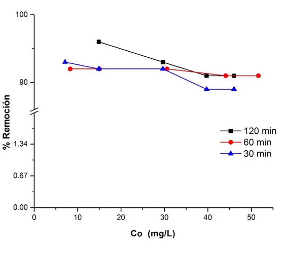 Figura 16. Porcentaje de remoción de Pb 2+  a diferentes tiempos de contacto con la Typha latifolia  (Pb 2+  Co= 10, 20, 30, 40 y 50, mg/L, t= 30,60 y 120 min