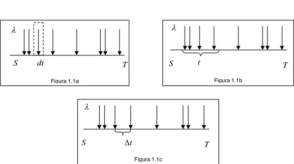 Fig. 1.1. Ejemplificación del proceso tipo Poisson. a) Proceso definido en el intervalo  ( , ) S T  en el cuál 