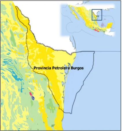 Figura 22. Provincia Petrolera Burgos en Mapa Tectónico de México de Padilla y Sánchez (2013)