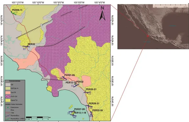 Figura 6.  Mapa de  Bahía  Chamela  e  Isla  Cocinas  con  las  estaciones  realizadas  y  datos  estructurales  tomados