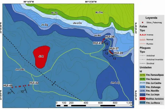 Figura 5.  Mapa Geológico del valle de Huizachal, los puntos rojos representan los sitios paleomagnéticos muestreados