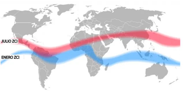 Figura 3.5.   Imagen que muestra las zonas intertropicales y  su distribución global durante  los meses de Enero y Julio (http://climate.nasa.gov/)