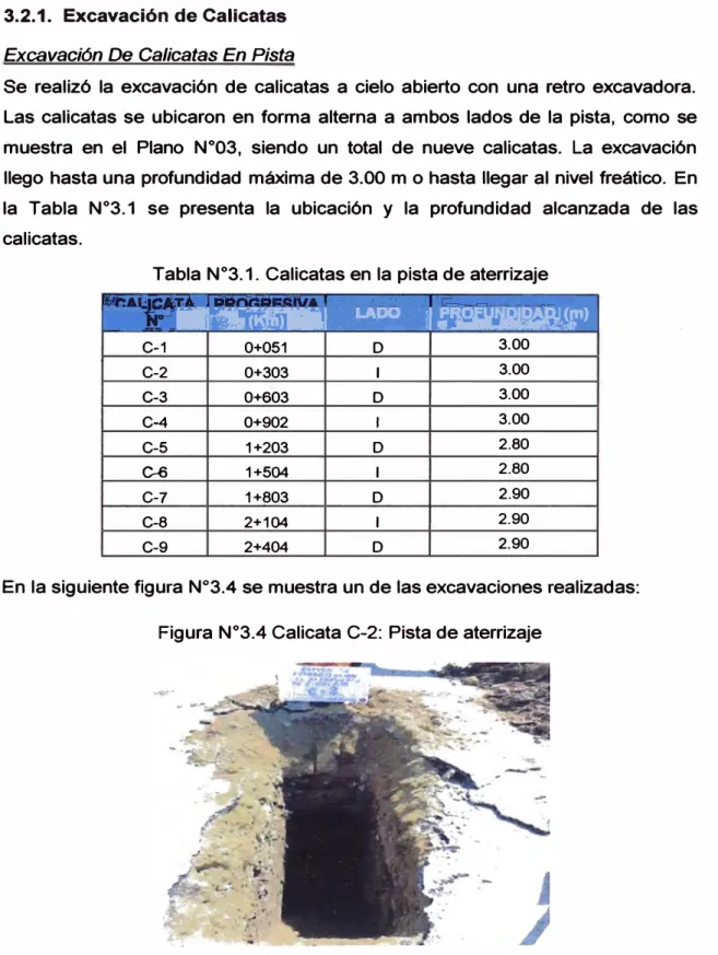 Tabla N º 3.1. Calicatas en la pista de aterrizaje  :''7t;-'{  iT:7, ·_¡;,-\7r=-:--0· ...