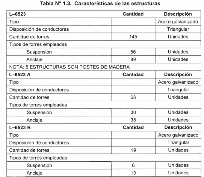 Tabla N º  1.3.  Características de las estructuras 
