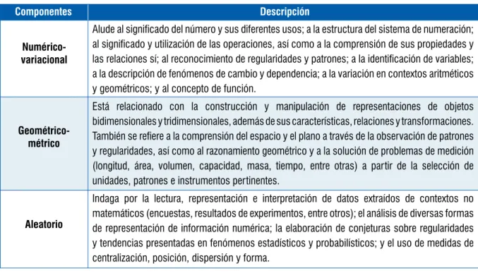 Tabla 6. Componentes en matemáticas