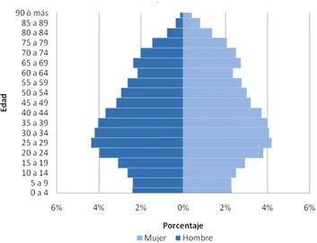 Gráfico 1. Distribución por edad y sexo de la población  España, 2001 