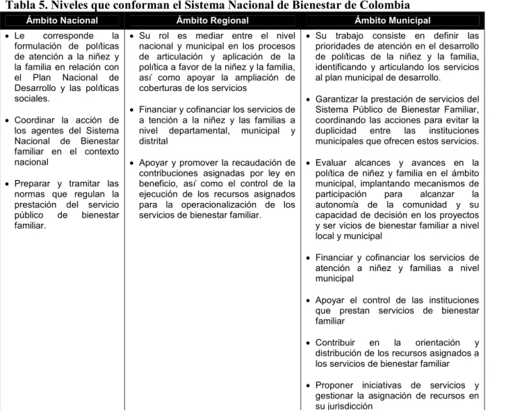 Tabla 5. Niveles que conforman el Sistema Nacional de Bienestar de Colombia 