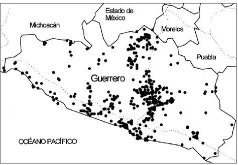 Figura 4. Mapa del estado de Guerrero donde se distinguen las localidades de especímenes de aves (puntos  negros),  en  donde  se  distinguen  la  correlación  que  existe  entre  estos  y  las  carreteras  (líneas  punteadas)
