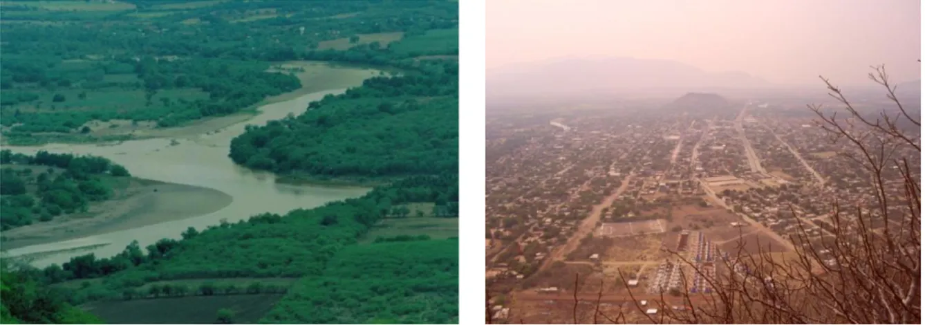 Figura 6. Desembocadura del río Cutzamala en el Balsas, en Cd. Altamirano, Guerrero, con campos de  cultivos en ambas orillas (izquierda)