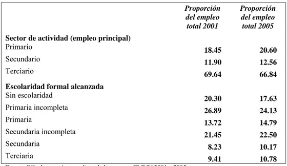 Tabla 5: Otras características de los que están empleados, 2001 y 2005.     Proporción del empleo total 2001  Proporción del empleo total 2005 