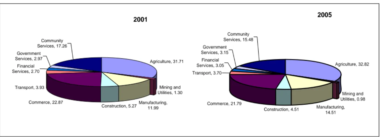Figura 4: Porcentajes de empleo por sectores, 2001 y 2005. 