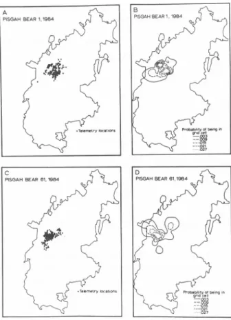 Fig.  4.  Plots  of  telemetry  locations  and  home  range  probability  isoclines  for  bears  1 and  61  in the  Pisgah  Bear  Sanctuary  during  1984