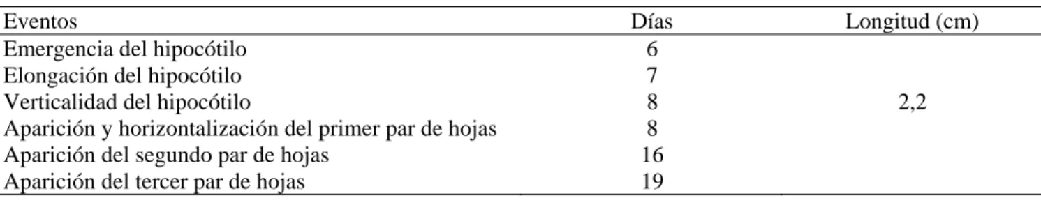 Cuadro 1. Estados de desarrollo del vástago de la plántula de ají a partir de la germinación hasta un período de 35 días