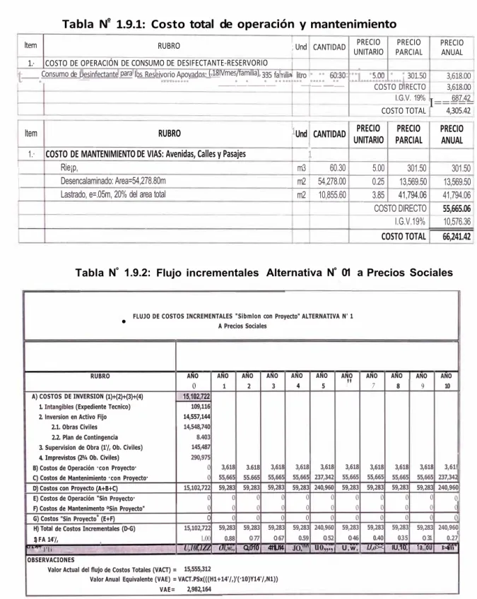 Tabla N º  1.9.1:  Costo total  de  operación y mantenimiento 