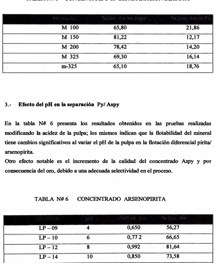 TABLA  N# 6  CONCENTRADO  ARSE NOPIRITA 