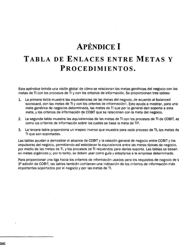 TABLA  DE  ENLACES  ENTRE  METAS  Y  PROCEDIMIENTOS. 