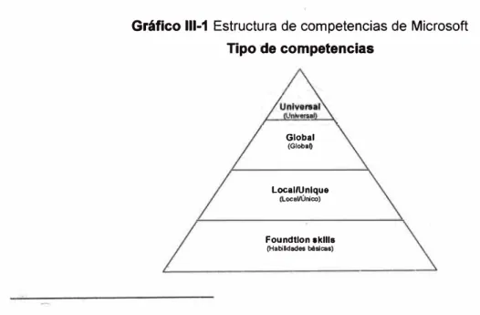 Gráfico 111-1  Estructura de competencias de Microsoft  Tipo de competencias  Global  (GlobaO  Local/Unlque  (Local/Único)  Foundtlon  ekllls  (Hebildades bésices) 