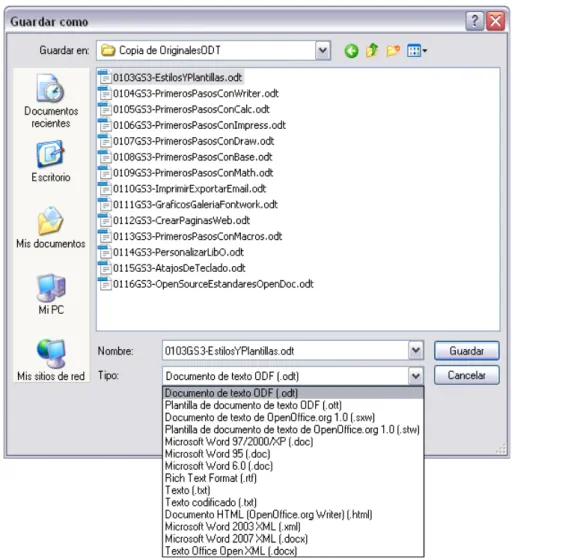 Figura 12: el diálogo de LibreOffice Guardar Como, 