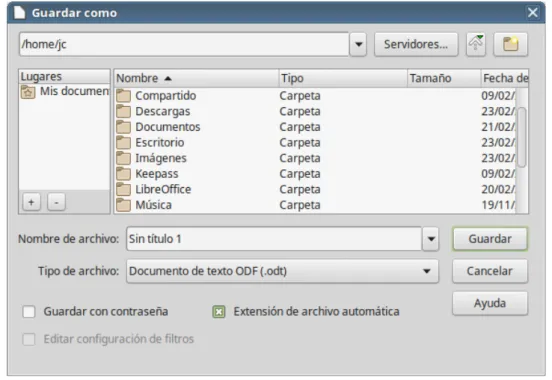 Figura 9: Ejemplo del diálogo Guardar como de LibreOffice