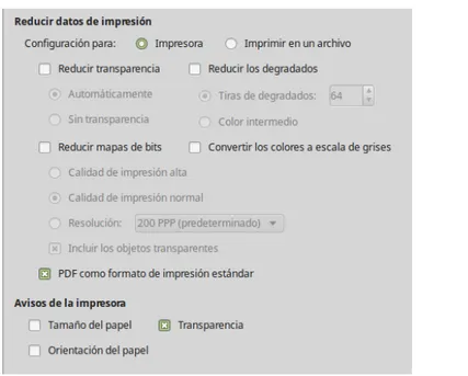 Figura 6: Seleccionar las opciones generales de  impresión para todos los componentes de  LibreOffice