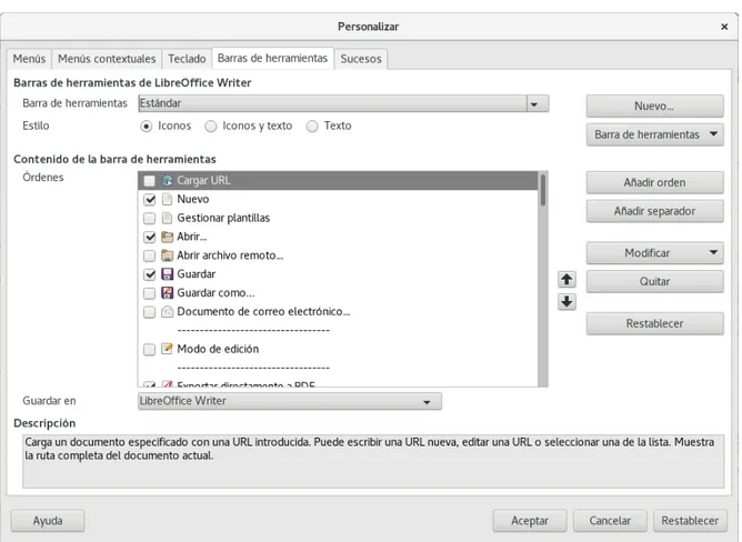 Figure 9: Diálogo Personalizar de LibreOffice