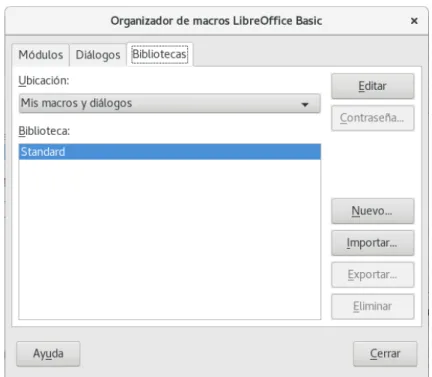 Figura 2: Diálogo del Organizador de macros LibreOffice  Basic