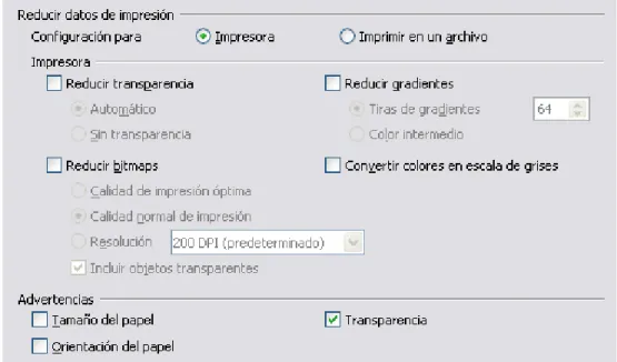Figura 24: Elegir opciones generales de impresión para aplicarlas a todos los  componentes de LibreOffice.