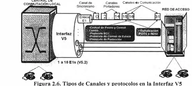 Figura 2.6. Tipos de Canales y protocolos en la Interfaz V5  2.2.2. Establecimiento de una llamada telefónica en la Interfaz VS 