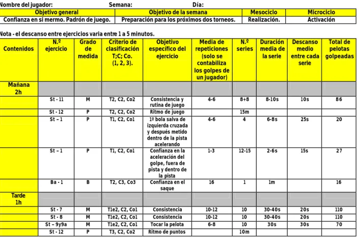 Cuadro 5 - Ejemplo de un plan diario de control de entrenamiento. 