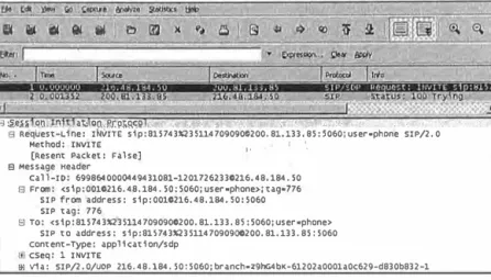 Fig. 1.2 Ejemplo de una petición SIP en Wireshark 