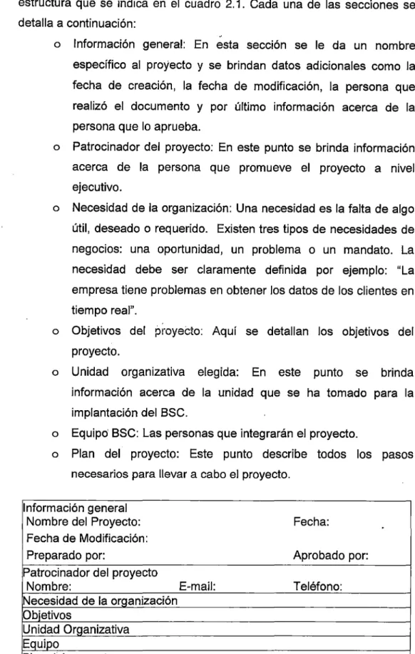 Cuadro  2.1:  Modelo del documento de plan1f1cac1on  estrateg1ca. 