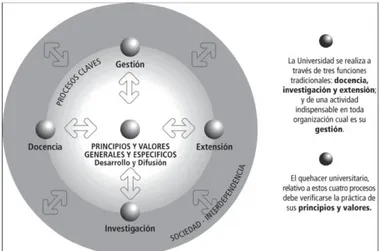 Figura  3  Principios  y  valores  que  orientan  la  RSU  según  el  Proyecto  Universidad  Construye  País  (2006) 