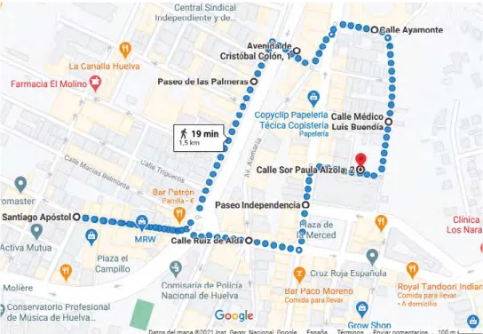 Mapa 2. La Merced-Plaza de Toros-Molino de la Vega. Elaboración propia (Google Maps)