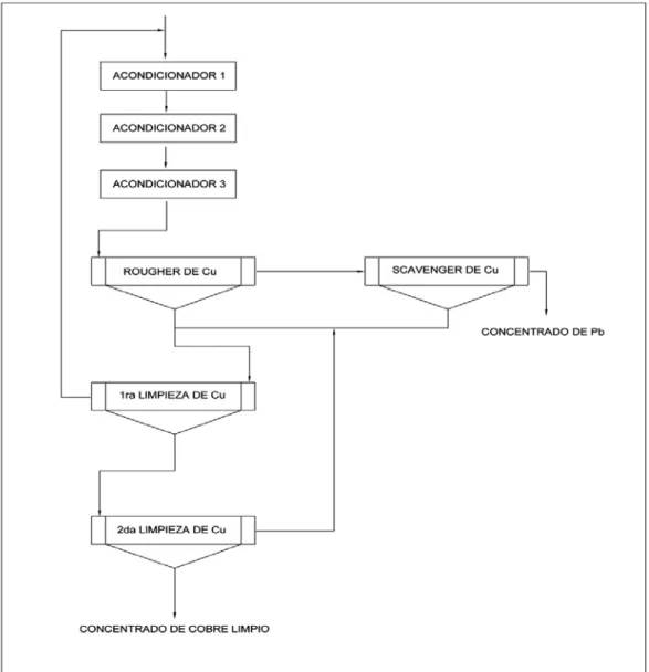 Figura 5.2. Flowsheet usada en las pruebas de ciclo cerrado  El diagrama de flujo usado en la separación cobre-plomo implica 