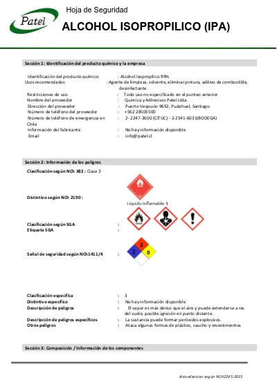 Alcohol isopropílico de grado médico, sin metanol, sin olor fétido, cumple  con las especificaciones de la USP, aprobado para aplicación de manos y