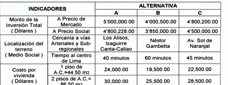 CUADRO N º  1.02: Indicadores de Alternativas 