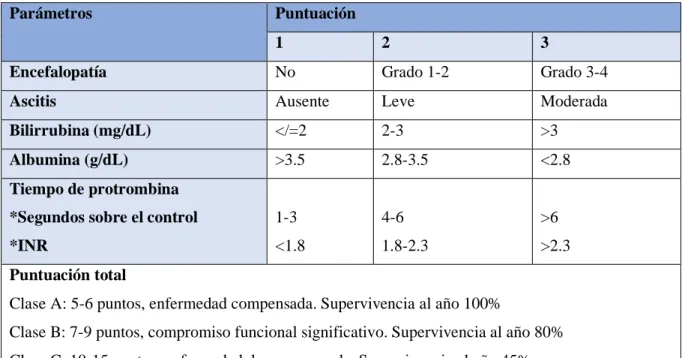 Tabla 2. Clasificación Child Pugh (17) 