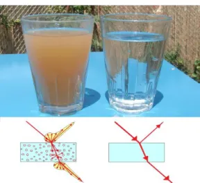 Figure 2. The visual appearance  or cesia of liquids informs about  their properties, working in an  indexical way: turbid, translucent  media (left), and clear transparent  media (right)
