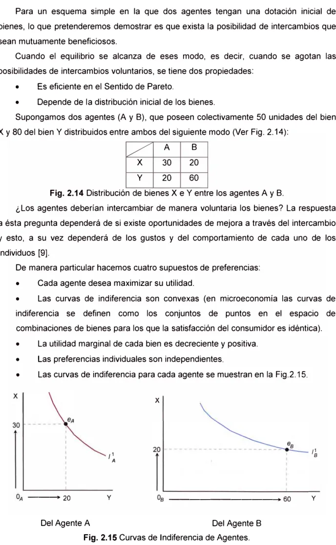 Fig. 2.14 Distribución de bienes X e Y entre los agentes A y B. 
