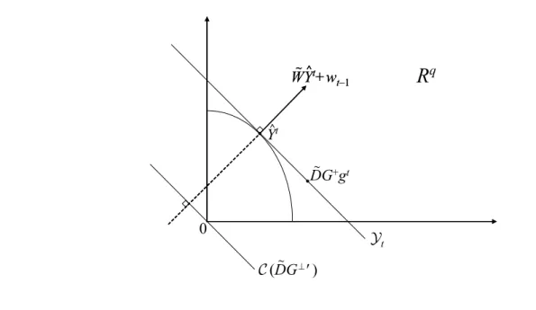 Figure F.2: The set of feasible projections of the target variables, Yt R q C (DG  ' ) Y tDG+gt0Y^t~~⊥WYt+wt–1^~WYt+wt–1^~ ^~