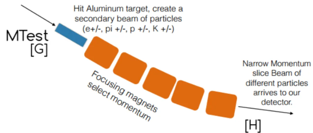 Figure 3.10: Path that follows the beam inside the FTBF before enters into the MINERvA’sTest Beam Detector 2 3 .