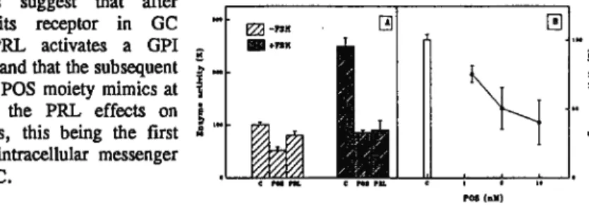 Fig.  2:  Comparative effects  of PRL  (l  µg/ml)  and  POS  (5  nM)  on  3.6  hydroxysteroid  dehydrogenase  activity  (A),  and  dose response of POS  (B)